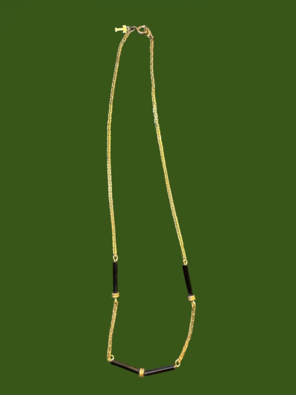 Trifari Vintage Gold Tone Box Chain Necklace Black Bar Station Accents Lobster